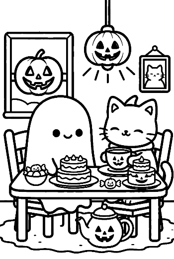Ghost and Cat Enjoying a Meal Together Indoors - Friendly Ghost Coloring Page Printable