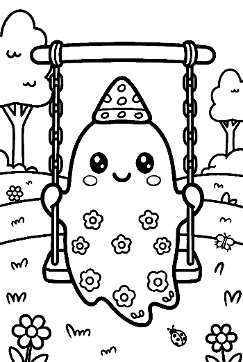 Ghost with a Flower Pattern on a Swing Whimsical Halloween Coloring Page Printable