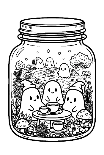 Ghosts Having Fun Inside a Decorative Mason Jar Creative Halloween Coloring Printable
