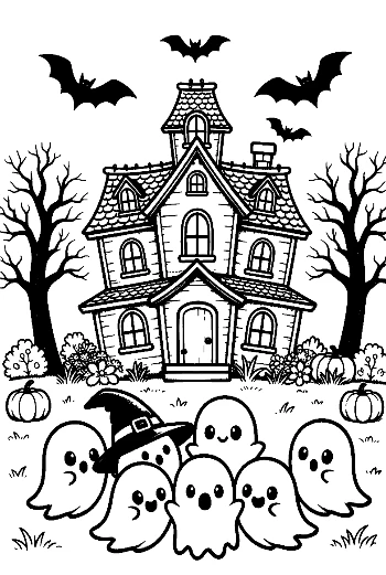 Group of Tiny Ghosts Standing in Front of a Haunted House Cute Coloring Printable