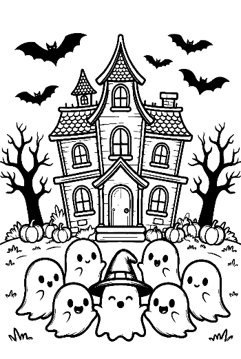 Little Ghosts Gathering Outside a Spooky Mansion Halloween Party Coloring Printable