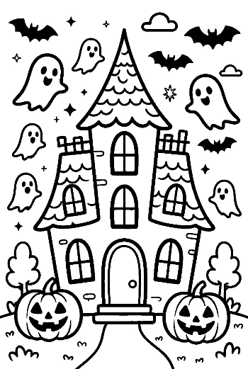 Tall Haunted Mansion with Bats and Ghosts Flying Around Halloween Coloring Sheet Printable
