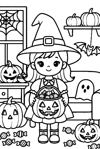 Adorable Witch Girl Showing Her Carved Pumpkin Printable