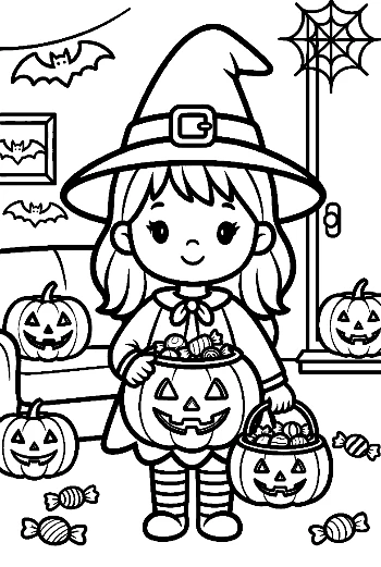 Chibi Witch Holding a Smiling Jack-O-Lantern Bucket Printable