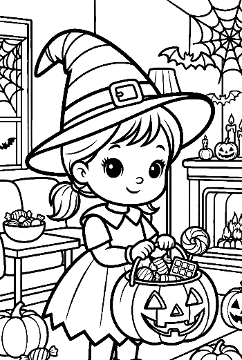 Cute Witch Character Carrying a Pumpkin Candy Basket Printable