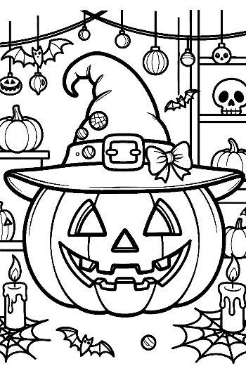 Evil Grinning Jack-O-Lantern Wearing a Witch Hat Printable