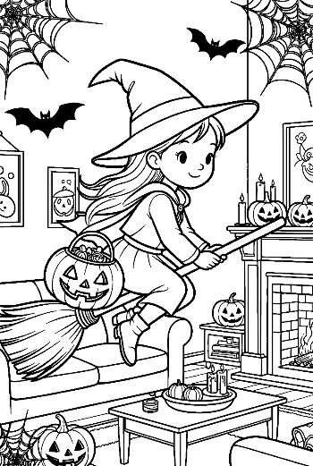 Flying Halloween Witch Carrying a Glowing Pumpkin Printable