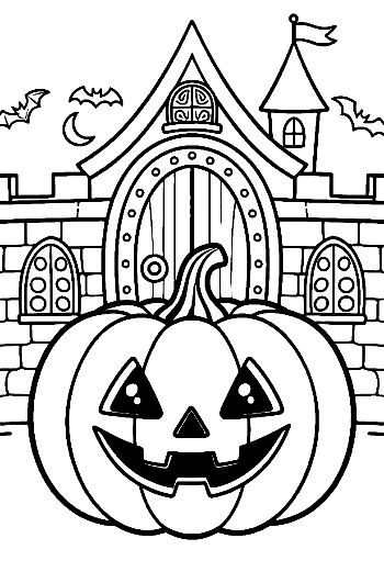 Riesige Kürbislaterne bewacht gotisches Schloss Tor – Ausdruckbares Ausmalbild