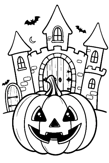 Halloween Jack-O-Lantern Sitting Before a Spooky Mansion Printable