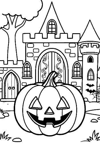 Jack-O-Lantern at the Entrance of a Stone Castle Printable