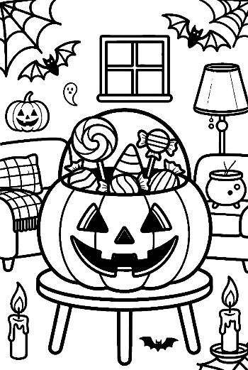 Jack-O-Lantern Pail Full of Halloween Candy on a Stool Printable