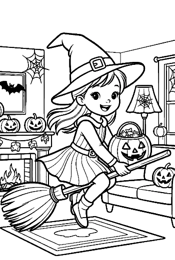 Witch Girl Soaring Through the Air with Jack-O-Lantern Printable