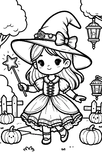 Adorable Little Witch Standing in a Pumpkin Patch with a Magic Wand Cute Coloring Printable