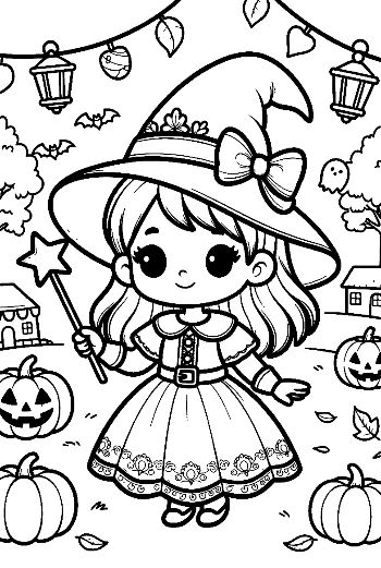 Beautiful Witch Girl Wearing a Pointed Hat in a Spooky Garden Fantasy Coloring Sheet Printable