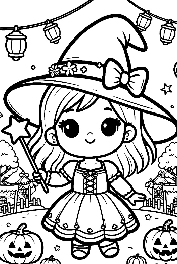 แม่มดชิบิถือไม้กายสิทธิ์พร้อมดาวและค้างคาว ภาพระบายสีสุดน่ารักพิมพ์ได้