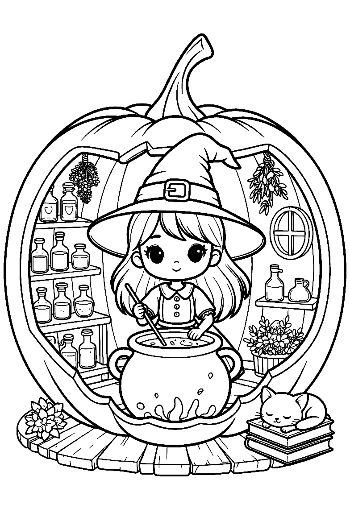 Chibi Witch Mixing Spells Inside a Large Pumpkin Workshop Adorable Coloring Printable