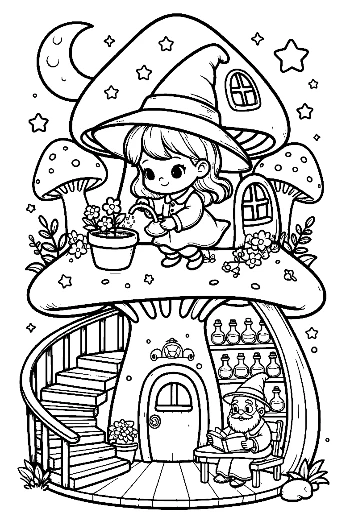 Chibi Witches Playing Near a Whimsical Mushroom Home Adorable Coloring Sheet Printable