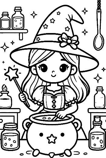 Cute Witch Brewing a Secret Potion in Her Magical Workshop Halloween Coloring Printable
