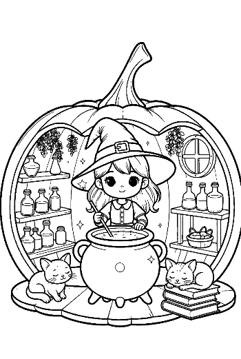 Cute Witch Brewing Potions Inside a Hollowed Out Pumpkin Fantasy Coloring Sheet Printable