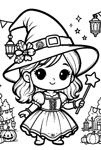 Cute Witch Girl Standing by a Cauldron in a Spooky Forest Halloween Coloring Printable