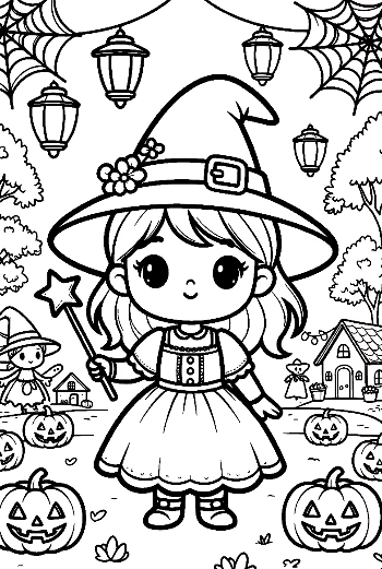 Cute Witch Riding a Broomstick Through a Starry Halloween Night Magic Coloring Printable