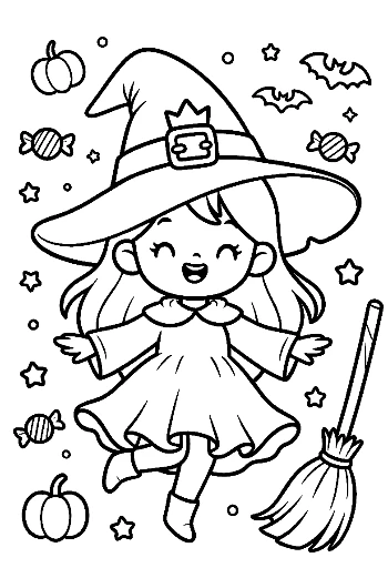 Cute Witch Sweeping with a Broomstick Among Autumn Pumpkins Holiday Coloring Printable