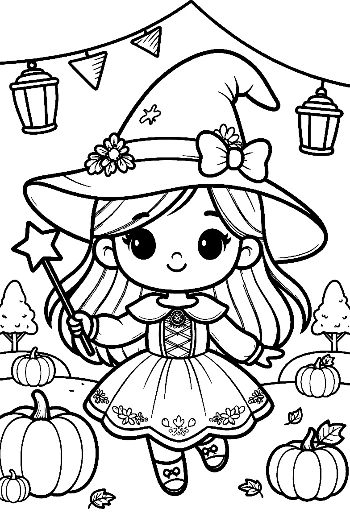 Happy Little Witch in a Ruffled Dress with Halloween Pumpkins Festive Coloring Printable