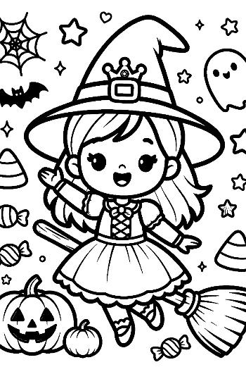 Little Witch Flying on a Broomstick with a Cat and Pumpkins Halloween Coloring Printable