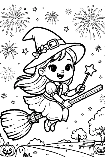 Little Witch Flying Over a Village on a Broom Under Fireworks Holiday Coloring Printable