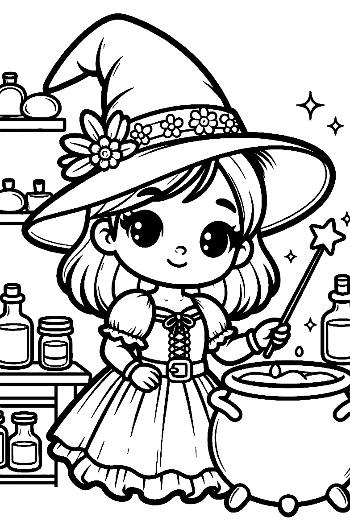 Little Witch Looking into a Bubbling Cauldron with Magic Books Spooky Coloring Printable