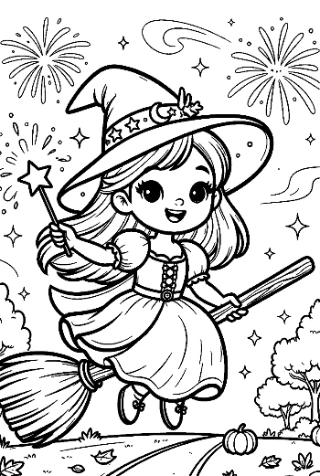 Young Witch Flying on Her Broomstick Above a Pumpkin Field Night Sky Coloring Printable