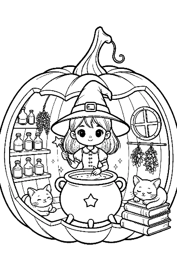 Young Witch in Her Pumpkin Cottage Laboratory Magical Forest Coloring Page Printable