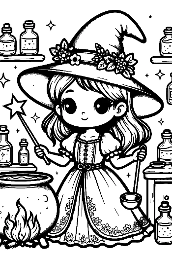 Young Witch Stirring a Magical Bubbling Cauldron Spooky Kitchen Coloring Printable