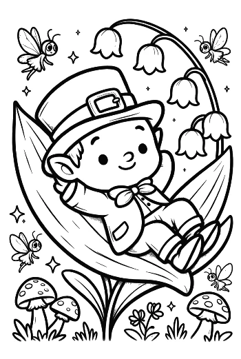 Baby Leprechaun Napping on a Leaf Coloring Sheet Printable