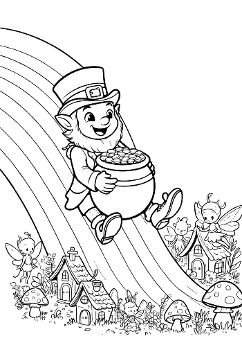 Excited Leprechaun Riding a Rainbow Beam Printable