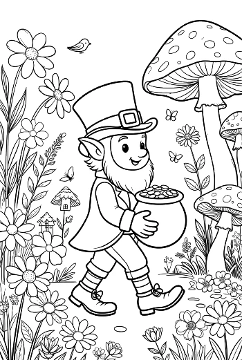 Friendly Leprechaun Adventuring Near Mushroom Houses Printable