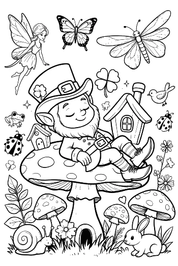 Leprechaun Sitting on a Mushroom Near a Birdhouse Printable