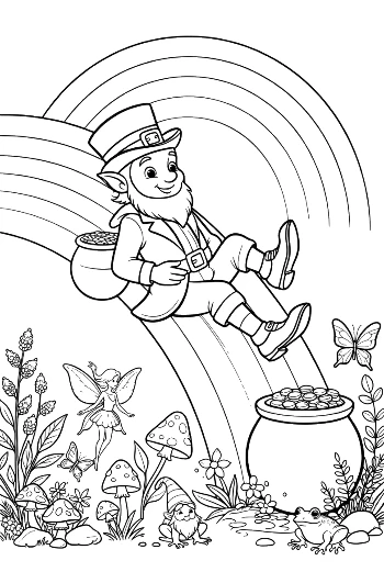 Leprechaun Sliding Down a Rainbow into Gold Printable