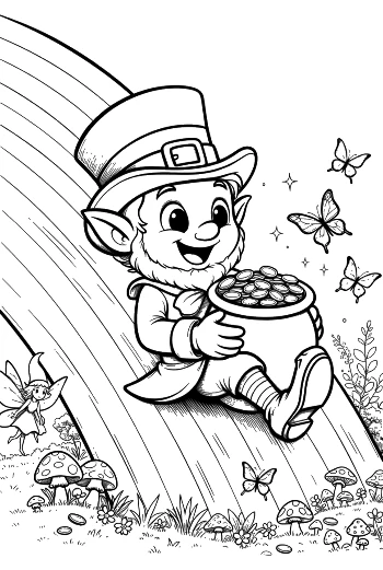 Lucky Leprechaun Holding Gold on a Rainbow Slide Printable