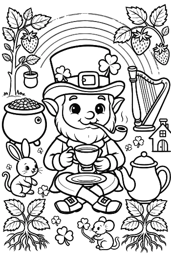 Magical Leprechaun Playing Music Near a Teapot Printable