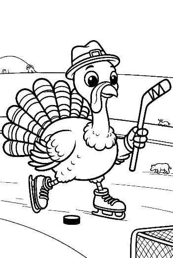 Active Turkey Playing Ice Hockey in Winter Gear Printable
