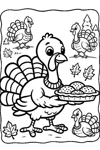 Cartoon Turkey Serving a Tasty Harvest Fruit Pie Printable