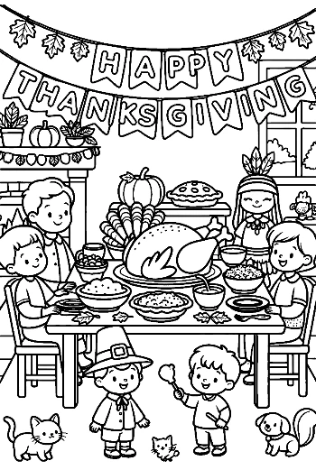 Cheerful Thanksgiving Dinner Celebration with Turkey Main Dish Printable