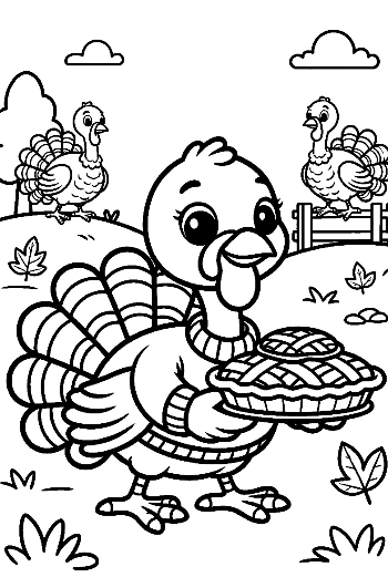 Cheerful Turkey Character Holding a Hot Thanksgiving Pie Printable