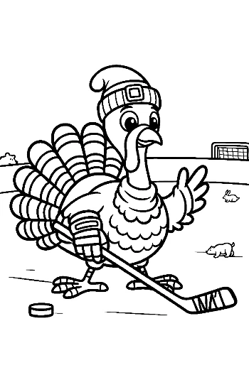 Determined Turkey Hockey Player with Stick and Puck Printable