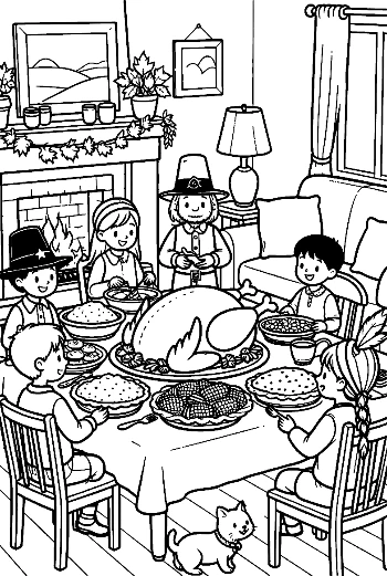 Family Gathering Around a Roasted Thanksgiving Turkey Printable