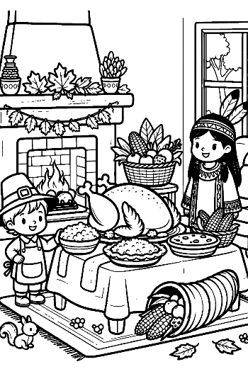 Little Girl Helping Serve Thanksgiving Turkey by the Fireplace Printable