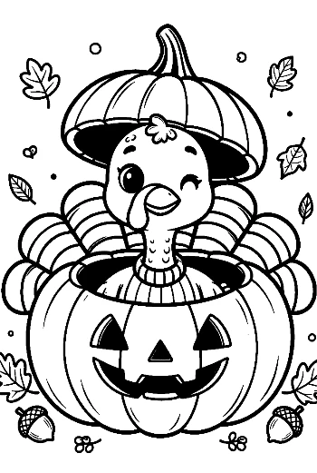Playful Turkey Wearing a Pumpkin Top as a Hat Printable
