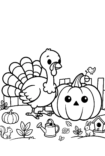 Two Friendly Turkeys Playing with Halloween Pumpkins Printable