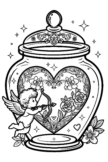 Cupid Sitting in a Heart Bottle with Magical Sparkles Cute Coloring Sheet Printable